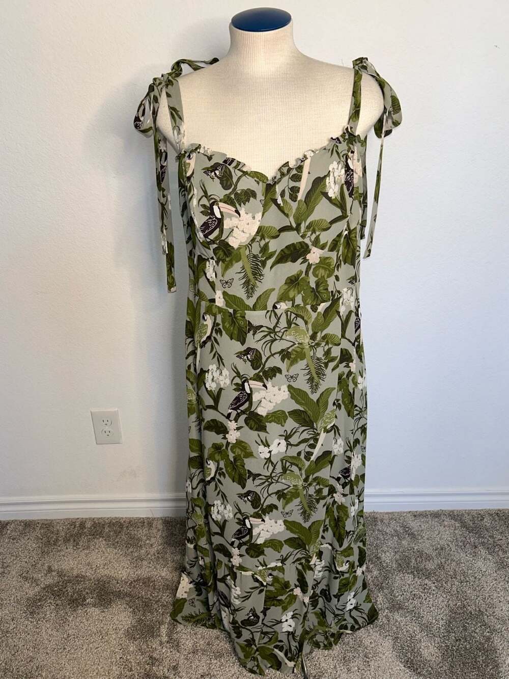 Reformation Nikita Dress Green Tropical Toucan Bird Print